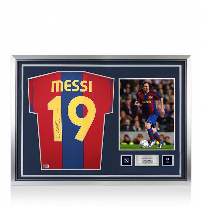 icons Lionel Messi Official UEFA Champions League Official Back Signed and Hero Framed FC Barcelona 2007-08 Home Shirt
