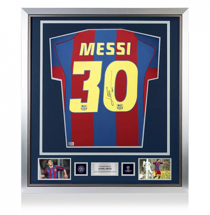 icons Lionel Messi Official UEFA Champions League Official Back Signed and Framed FC Barcelona 2004-05 Home Shirt