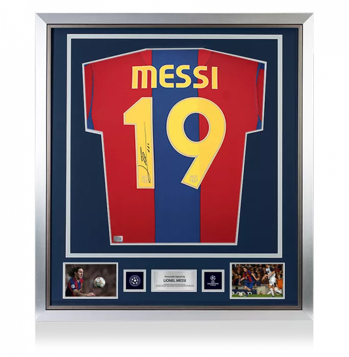 icons Lionel Messi Official UEFA Champions League Official Back Signed and Framed FC Barcelona 2007-08 Home Shirt