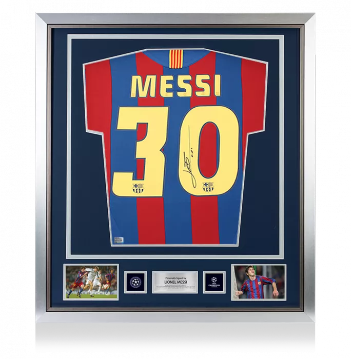 icons Lionel Messi Official UEFA Champions League Official Back Signed and Framed FC Barcelona 2005-06 Home Shirt