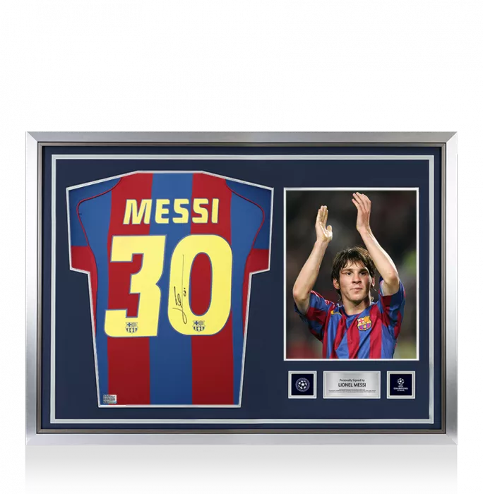 icons Lionel Messi Official UEFA Champions League Official Back Signed and Hero Framed FC Barcelona 2004-05 Home Shirt