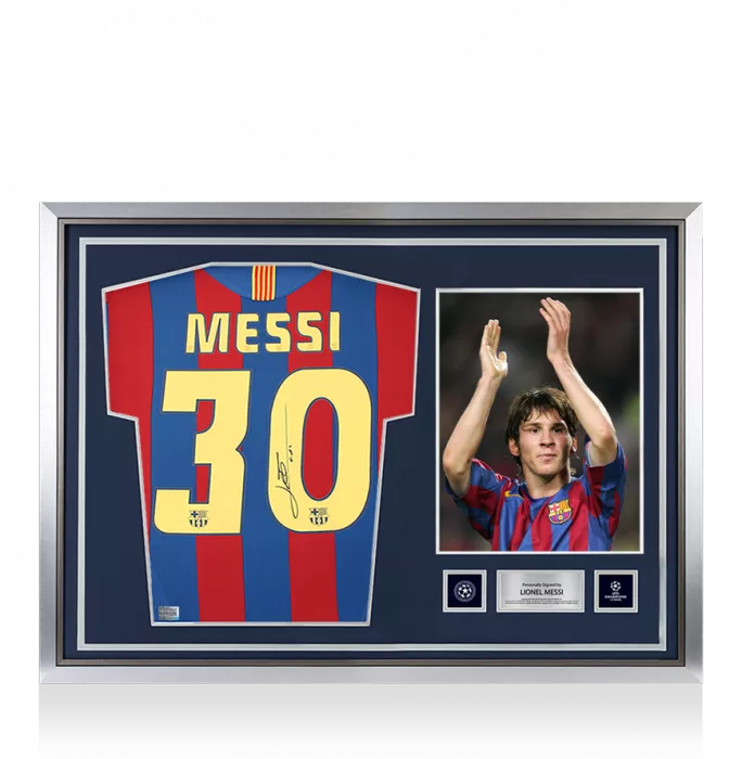 icons Lionel Messi Official UEFA Champions League Official Back Signed and Hero Framed FC Barcelona 2005-06 Home Shirt