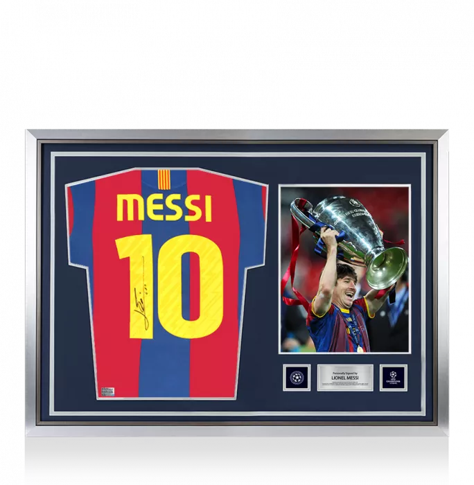 icons Lionel Messi Official UEFA Champions League Official Back Signed and Hero Framed FC Barcelona 2010-11 Home Shirt