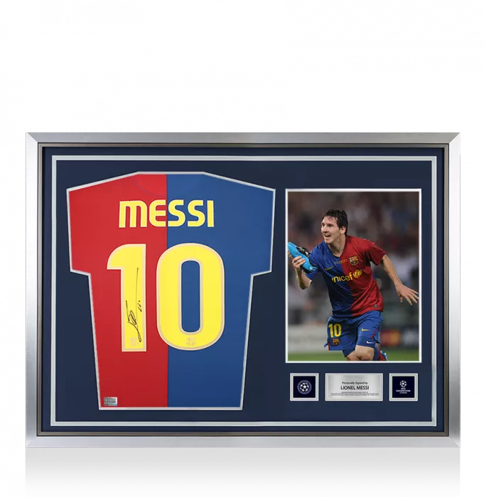icons Lionel Messi Official UEFA Champions League Official Back Signed and Hero Framed FC Barcelona 2008-09 Home Shirt
