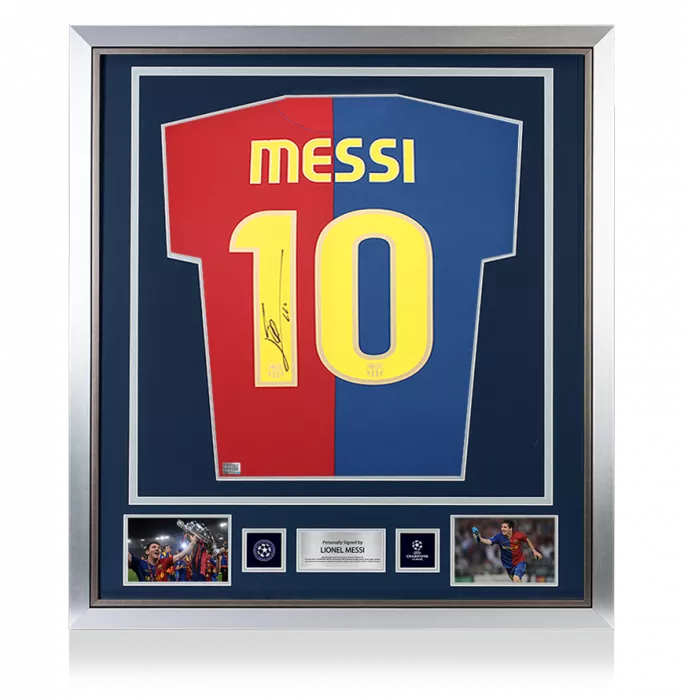 icons Lionel Messi Official UEFA Champions League Official Back Signed and Framed FC Barcelona 2008-09 Home Shirt