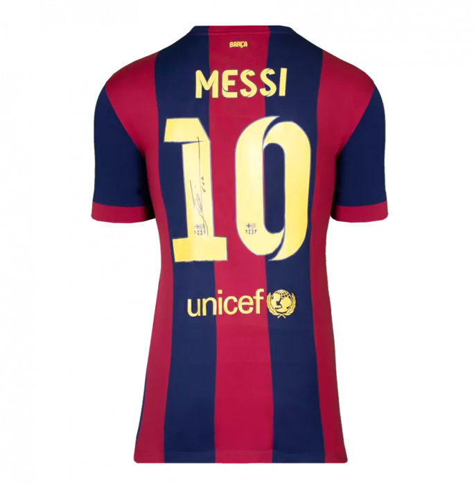 Icons Lionel Messi Official UEFA Champions League Official Back Signed And Framed FC Barcelona 2014-15 Home Shirt