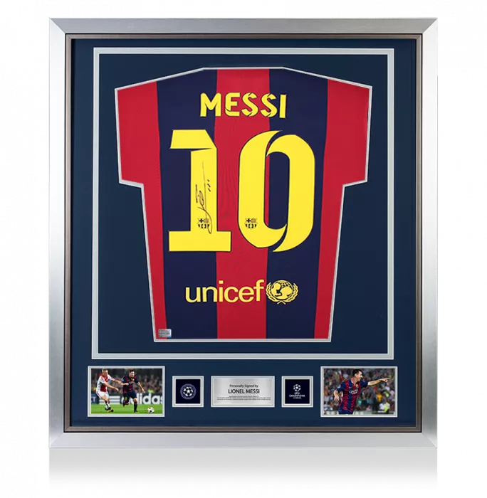 icons Lionel Messi Official UEFA Champions League Official Back Signed and Framed FC Barcelona 2014-15 Home Shirt