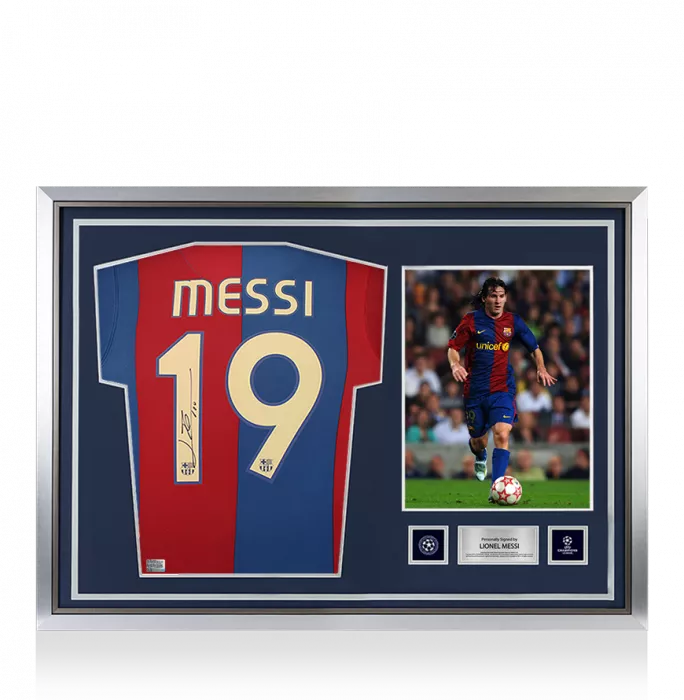 icons Lionel Messi Official UEFA Champions League Official Back Signed and Hero Framed FC Barcelona 2006-07 Home Shirt