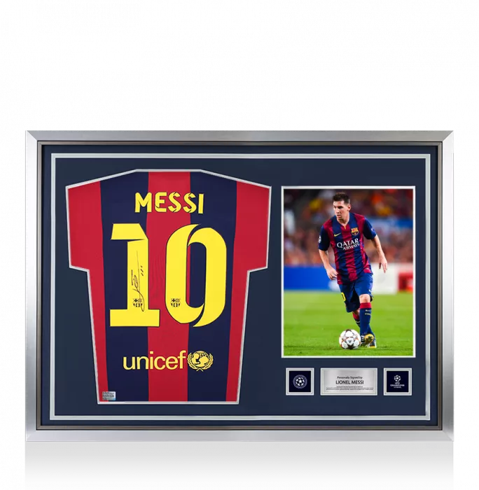 icons Lionel Messi Official UEFA Champions League Official Back Signed and Hero Framed FC Barcelona 2014-15 Home Shirt