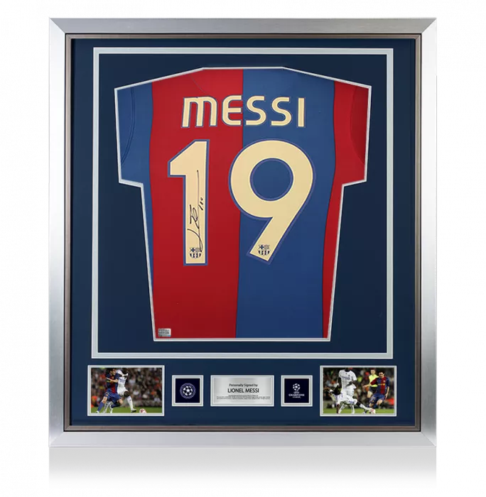 icons Lionel Messi Official UEFA Champions League Official Back Signed and Framed FC Barcelona 2006-07 Home Shirt