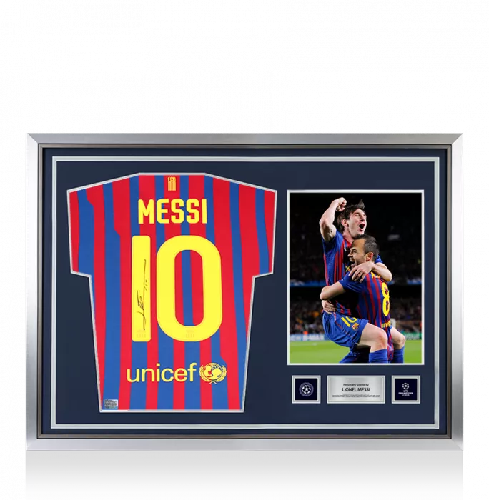 icons Lionel Messi Official UEFA Champions League Official Back Signed and Hero Framed FC Barcelona 2011-12 Home Shirt