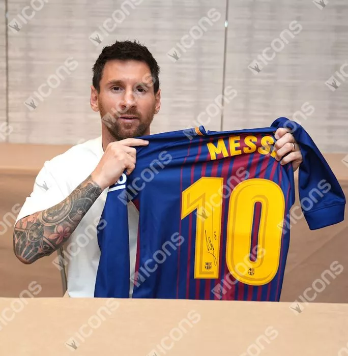 Icons Lionel Messi Official UEFA Champions League Official Back Signed And Hero Framed FC Barcelona 2017-18 Home Shirt