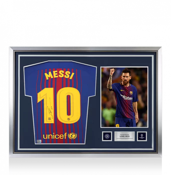 icons Lionel Messi Official UEFA Champions League Official Back Signed and Hero Framed FC Barcelona 2017-18 Home Shirt