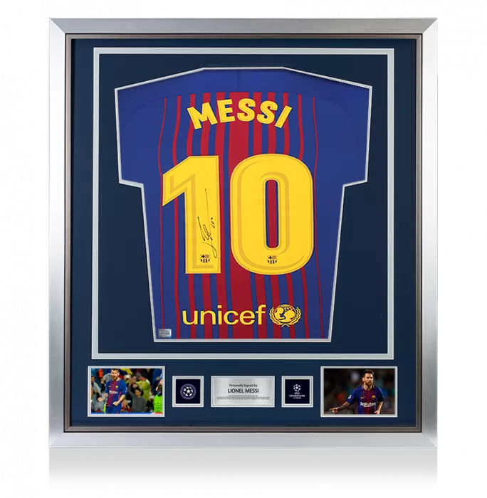 icons Lionel Messi Official UEFA Champions League Official Back Signed and Framed FC Barcelona 2017-18 Home Shirt