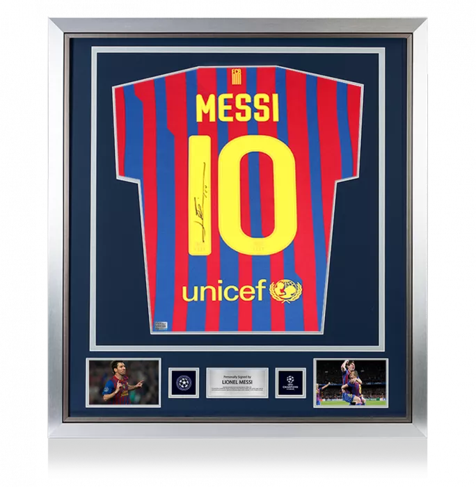 icons Lionel Messi Official UEFA Champions League Official Back Signed and Framed FC Barcelona 2011-12 Home Shirt