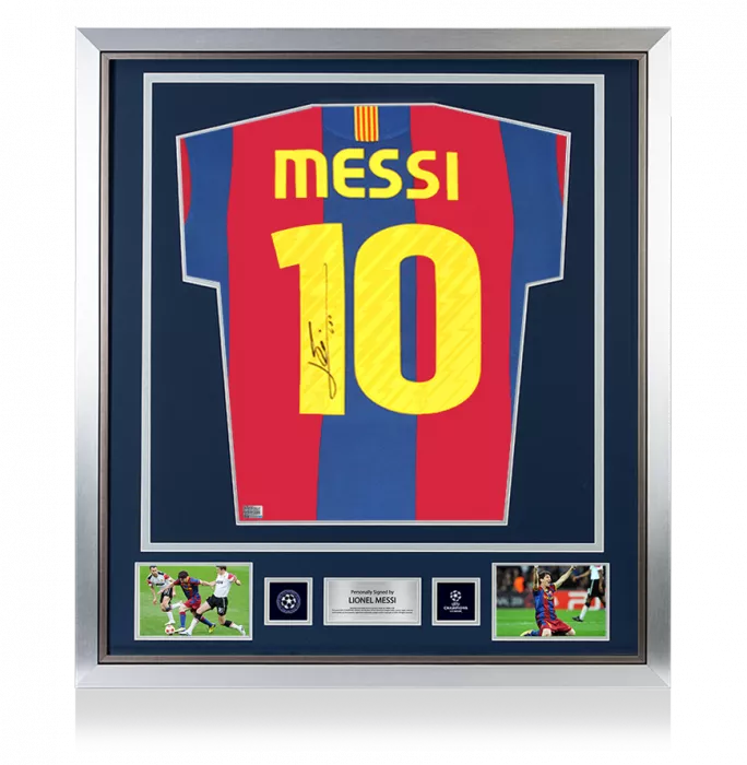 icons Lionel Messi Official UEFA Champions League Official Back Signed and Framed FC Barcelona 2010-11 Home Shirt