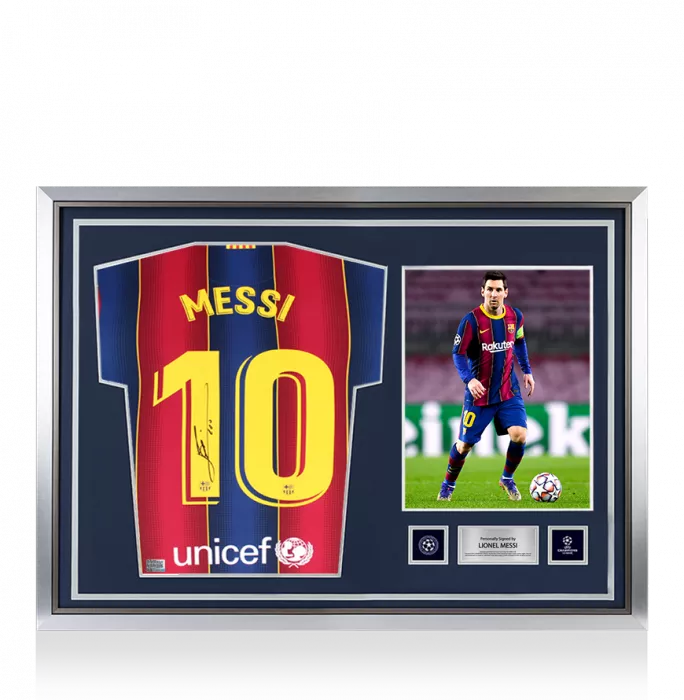 icons Lionel Messi Official UEFA Champions League Official Back Signed and Hero Framed FC Barcelona 2020-2021 Home Shirt