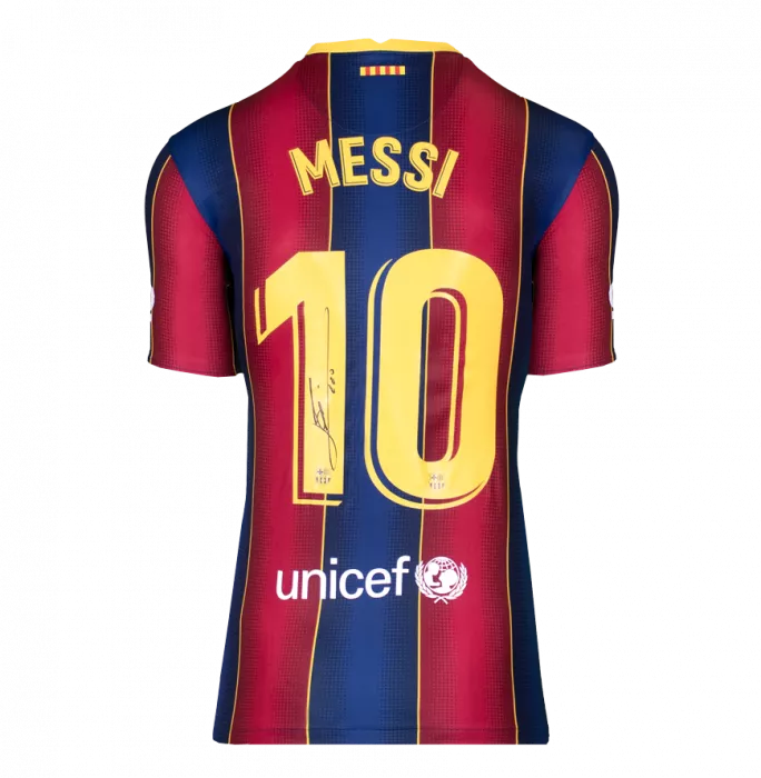 Icons Lionel Messi Official UEFA Champions League Official Back Signed And Framed FC Barcelona 2020-2021 Home Shirt