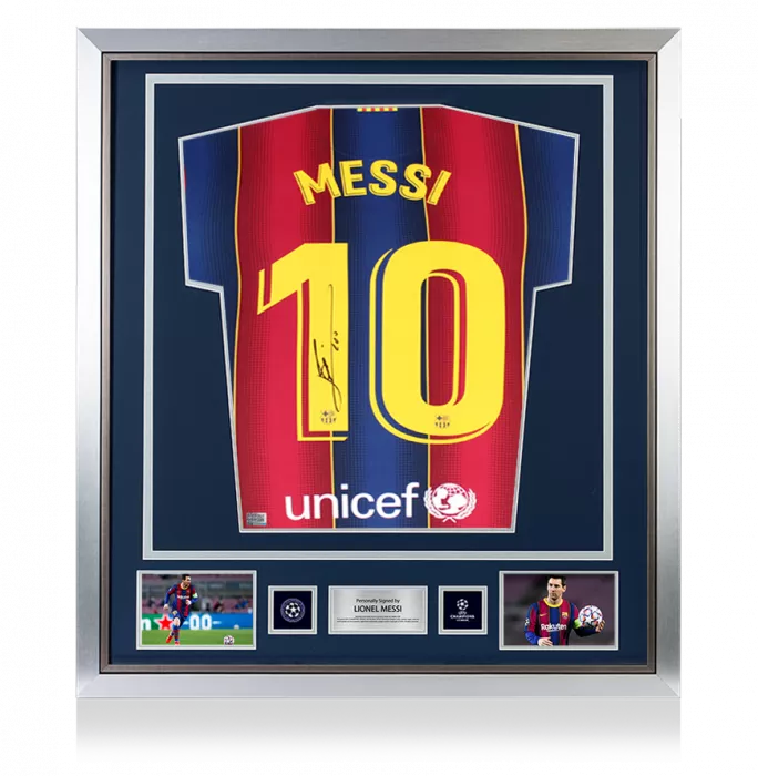 icons Lionel Messi Official UEFA Champions League Official Back Signed and Framed FC Barcelona 2020-2021 Home Shirt