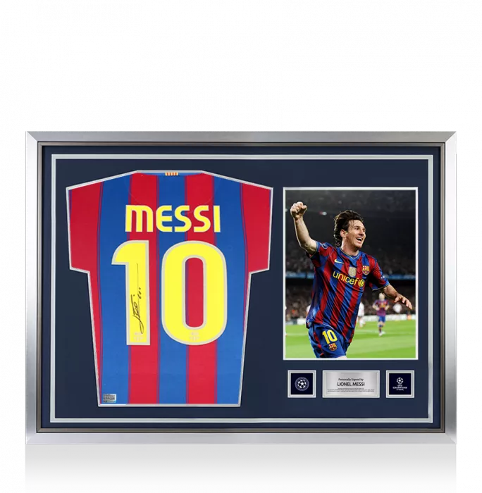 icons Lionel Messi Official UEFA Champions League Official Back Signed and Hero Framed FC Barcelona 2009-10 Home Shirt