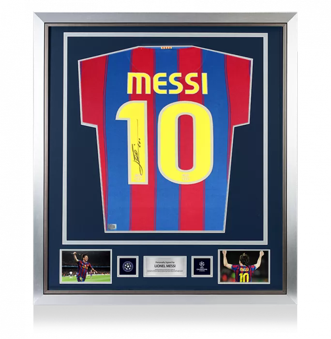 icons Lionel Messi Official UEFA Champions League Official Back Signed and Framed FC Barcelona 2009-10 Home Shirt