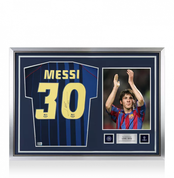 icons Lionel Messi Official UEFA Champions League Official Back Signed and Hero Framed FC Barcelona 2004-05 Away Shirt