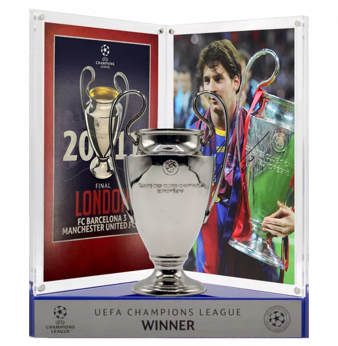 icons Lionel Messi Official UEFA Champions League Signed 3D Mini Replica Trophy on Stand: 2011 Winner