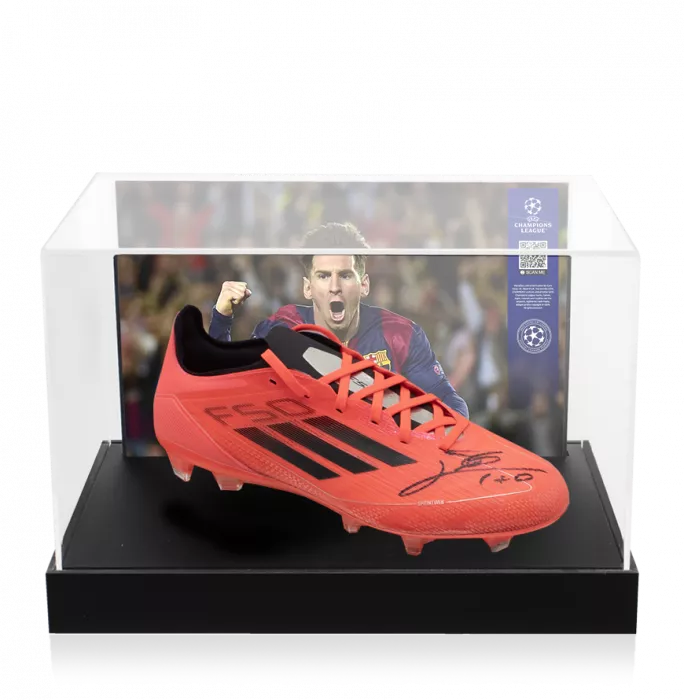 icons Lionel Messi Official UEFA Champions League Signed adidas F50 Pro FG Firm Ground Boot In Photo Acrylic Case: Option 1