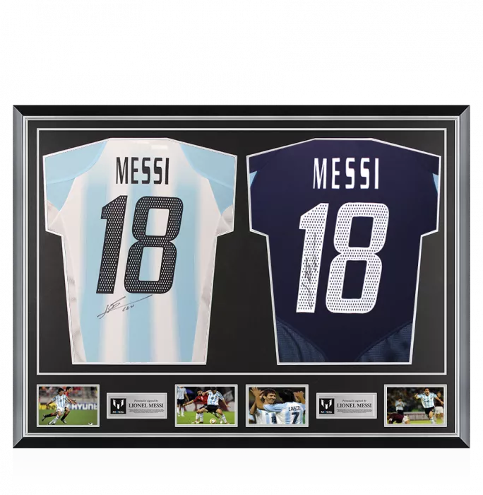 icons Lionel Messi Signed 2004-05 Argentina Home & Away Shirts In Classic Dual Frame: Argentina Debut Season Edition