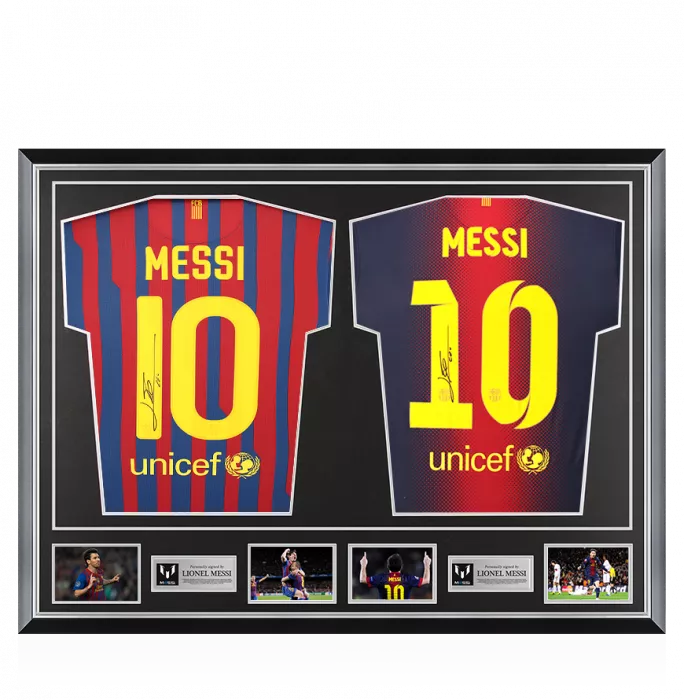icons Lionel Messi Signed 2011-12 & 2012-13 FC Barcelona Shirts In Classic Dual Frame: 91 Goals Edition