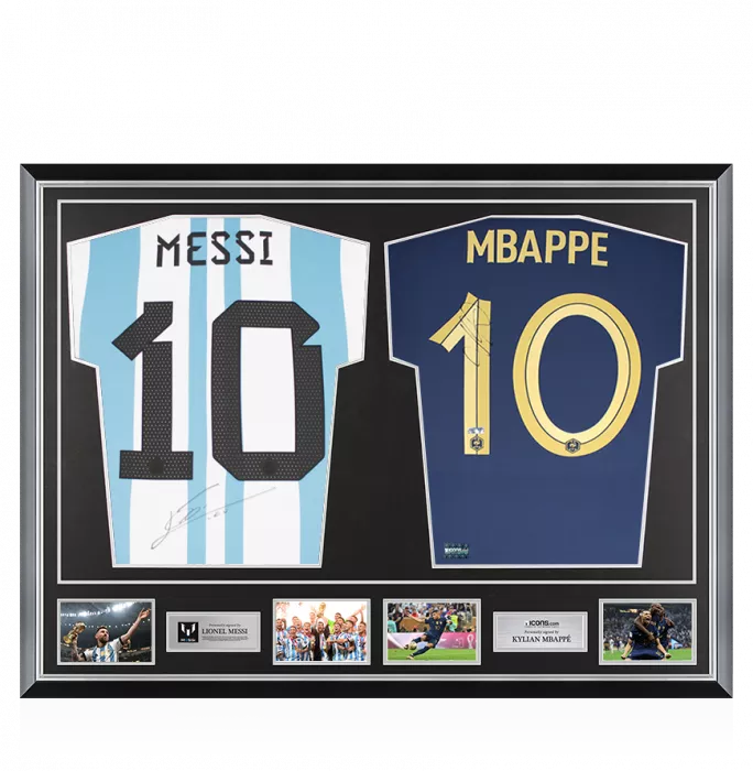 icons Lionel Messi Signed Argentina & Kylian Mbappe Signed France Shirts In Classic Dual Frame