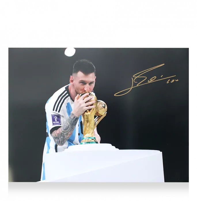 Icons Lionel Messi Signed Argentina Photo In Black Wooden Frame: 2022 FIFA World Cup Winner