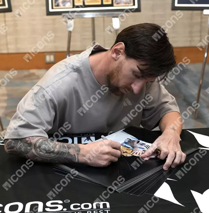 Icons Lionel Messi Signed Argentina Photo In Black Wooden Frame: 2022 FIFA World Cup Winner