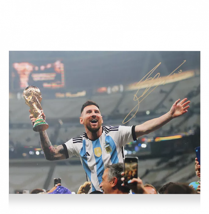 Icons Lionel Messi Signed Argentina Photo In Black Wooden Frame: 2022 FIFA World Cup Winner