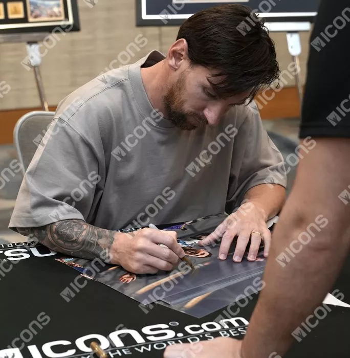 Icons Lionel Messi Signed Argentina Photo In Black Wooden Frame: 2022 FIFA World Cup Winner