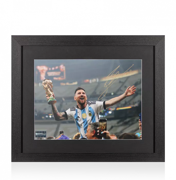 icons Lionel Messi Signed Argentina Photo In Black Wooden Frame: 2022 FIFA World Cup Winner