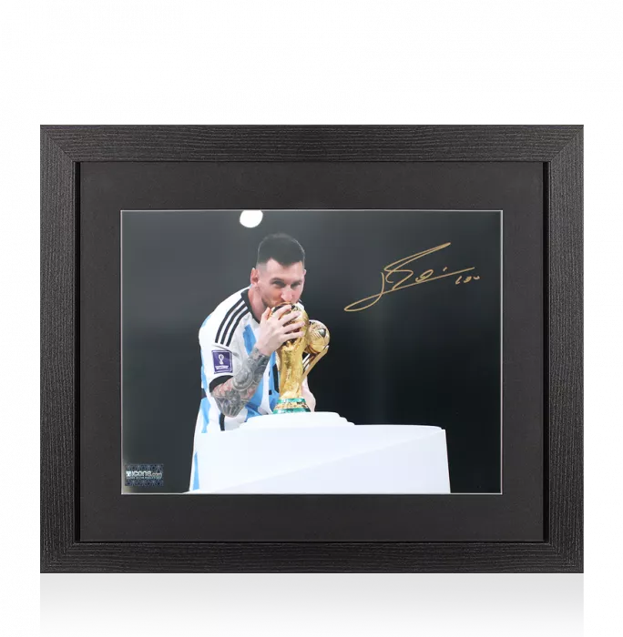 icons Lionel Messi Signed Argentina Photo In Black Wooden Frame: 2022 FIFA World Cup Winner
