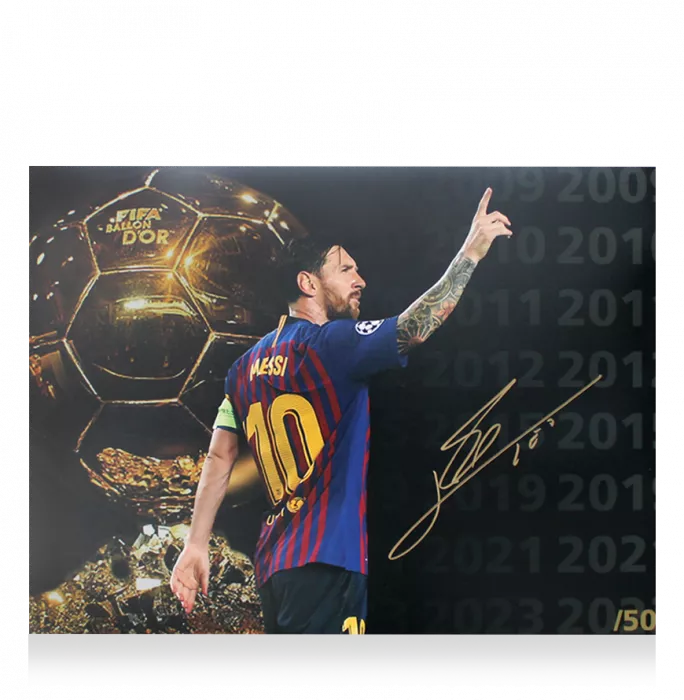 Icons Lionel Messi Signed Ballon D'Or Montage Photo In Black Wooden Frame