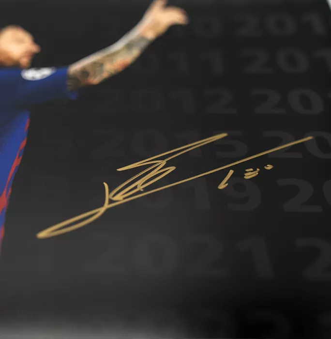Icons Lionel Messi Signed Ballon D'Or Montage Photo In Black Wooden Frame