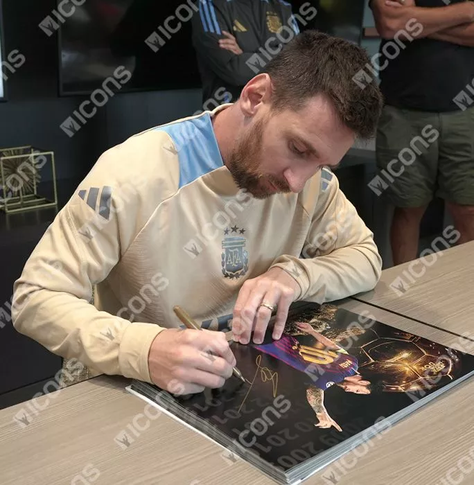 Icons Lionel Messi Signed Ballon D'Or Montage Photo In Black Wooden Frame