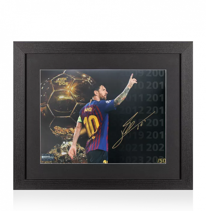 icons Lionel Messi Signed Ballon d'Or Montage Photo In Black Wooden Frame
