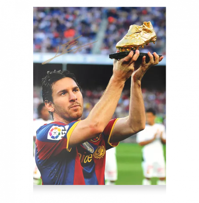 Icons Lionel Messi Signed FC Barcelona Photo In Black Wooden Frame: Golden Boot Winner