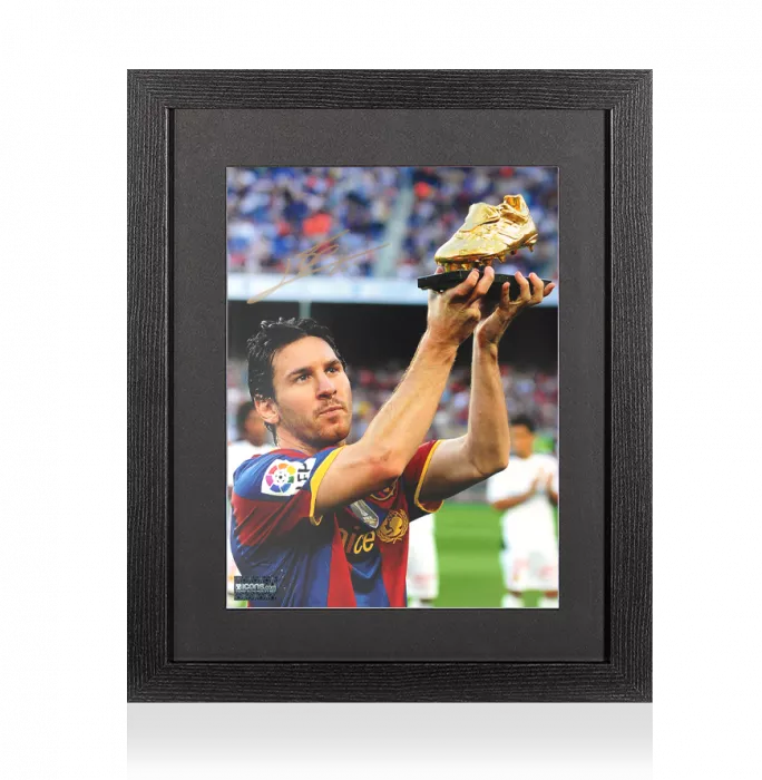icons Lionel Messi Signed FC Barcelona Photo In Black Wooden Frame: Golden Boot Winner