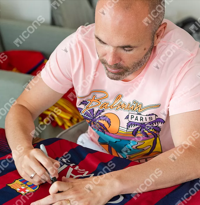 Icons Lionel Messi Xavi & Andres Iniesta Official FC Barcelona Front Signed And Framed 2013-14 Home Shirt