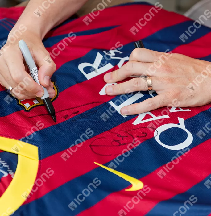 Icons Lionel Messi Xavi & Andres Iniesta Official FC Barcelona Front Signed And Framed 2013-14 Home Shirt