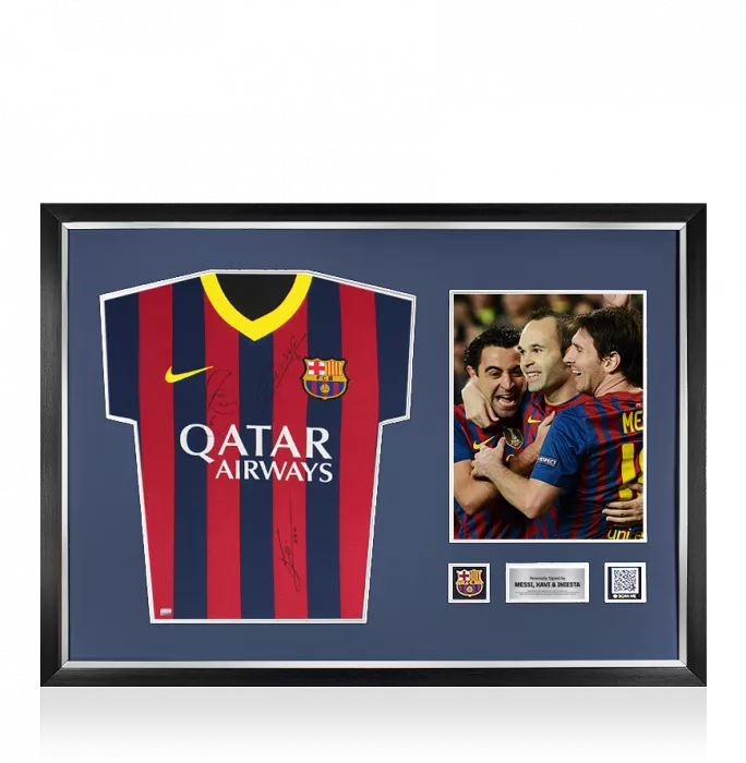 icons Lionel Messi Xavi & Andres Iniesta Official FC Barcelona Front Signed and Framed 2013-14 Home Shirt