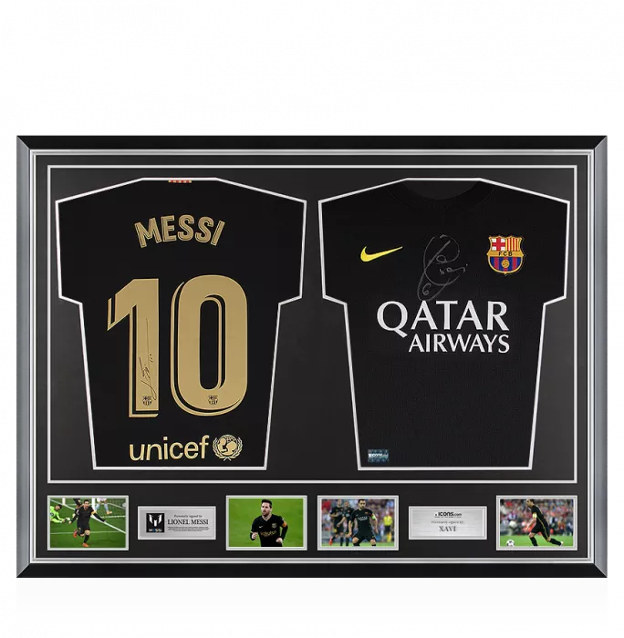 icons Lionel Messi & Xavi Signed FC Barcelona Away Shirts In Classic Dual Frame