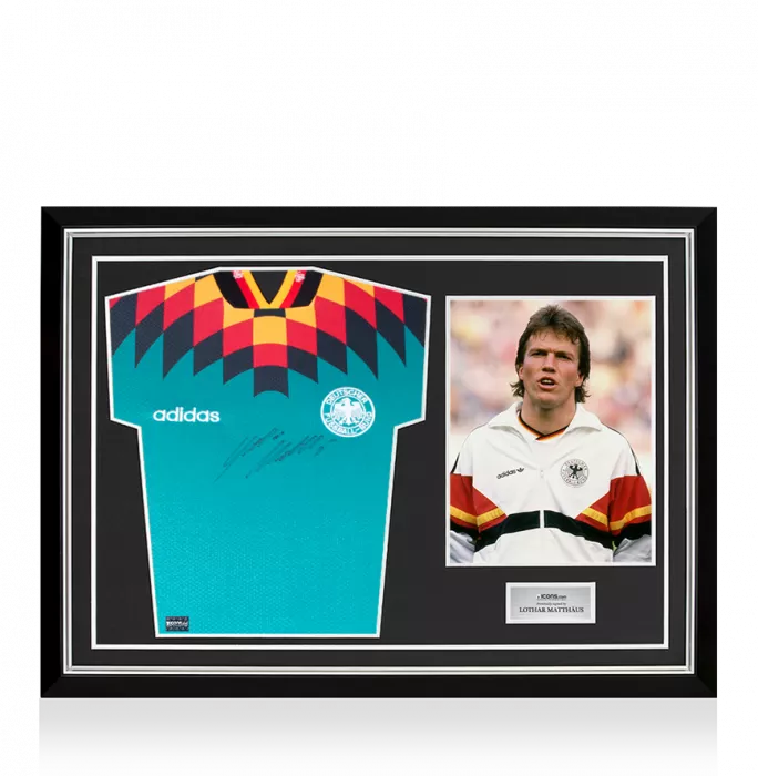 icons Lothar Matthaus Front Signed Germany 1994-96 Away Shirt In Hero Frame: Option 1