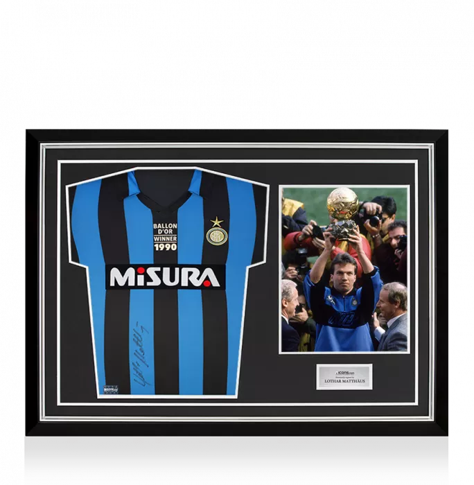 icons Lothar Matthaus Front Signed Internazionale 1990 Home Shirt - Ballon d'Or Edition In Hero Frame: Option 1