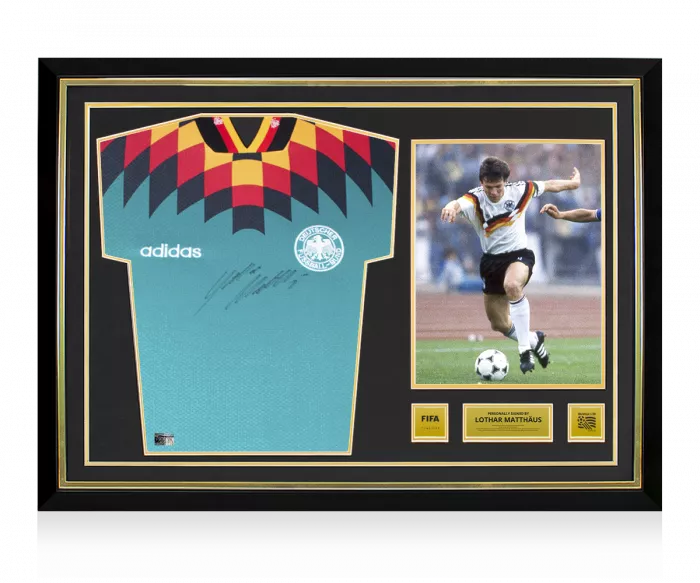 icons Lothar Matthaus Official 1994 FIFA World Cup™ Front Signed and Hero Framed Germany 1994-96 Away Shirt